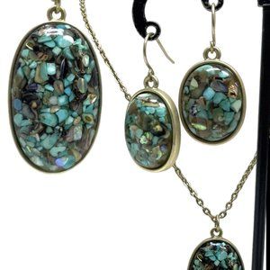 Gold-tone Turquoise & Abalone Resin Mosaic Pendant Necklace & Earrings Set